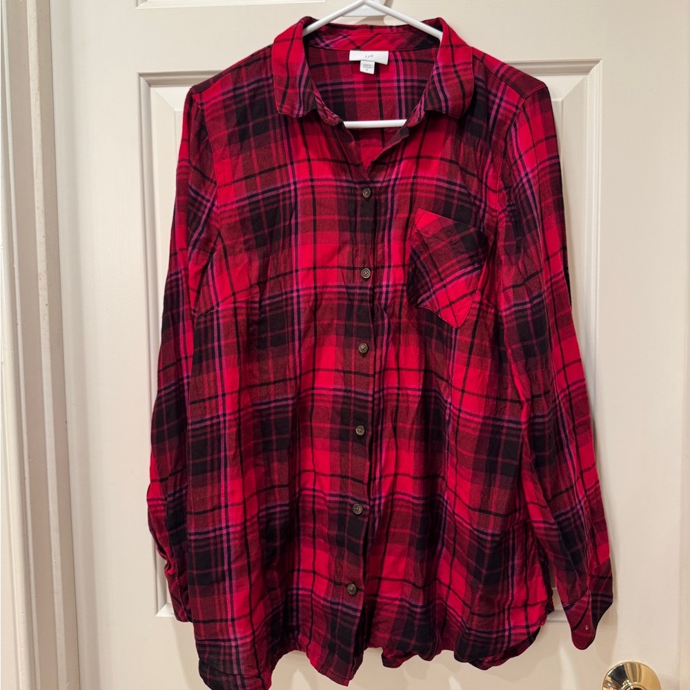 J. Jill Red + Pink Plaid Button Down